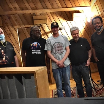 September 28, 2020 Joe Bonadio. Joe Louis Walker, Murali Coryell, Brian, and Kevin Jenkins recording some blues for the soundtrack of “Driving While Black”