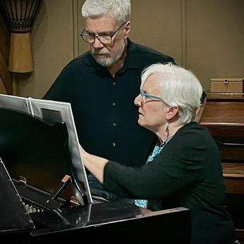 July 13, 2023 Brian and pianist Jacqueline Schwab at the live orchestra recording session for “Here Lived” at Carriage House Recording Studio in Stamford, CT.