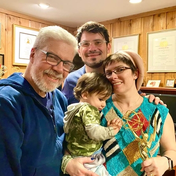 Brian with former student and intern Greg Nicolett, and his wife Jessica and first child Julian visiting in Brian’s studio in Monroe, CT. Greg is now a full time composer with Disney living in Los Angeles, California.