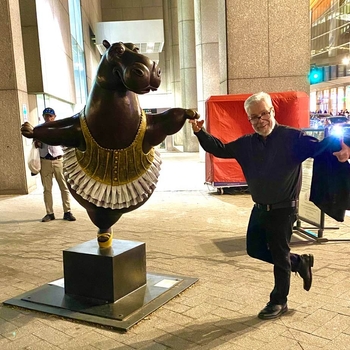 November 6, 2022, Brian dances with a Hippopotamus in New York City.