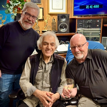 Brian, Omar Faruk Tekbilek, and Andy Powell of Wishbone Ash in Brian’s studio during a break in recording a new project for Omar Faruk Tekbilek in April of 2025