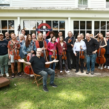 Brian with 20 piece string section during the orchestra recording of his symphonies at Carriage House Studios September 2025